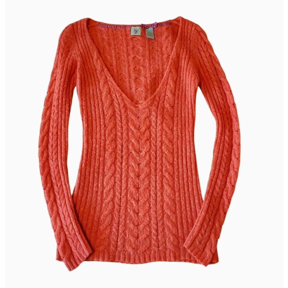 HWR Orange Wool Blend Cable knit Fitted Sweater Y2K Preppy Elena Gilbert Size S